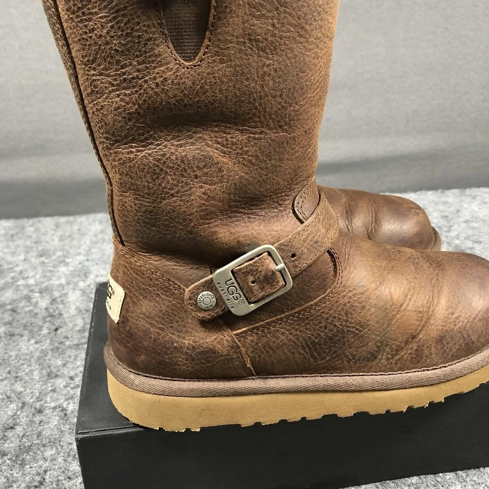 UGG Shearling Boots Girls 3 Brown Leather Zip Buckle Lined 1969 Mid Calf Winter